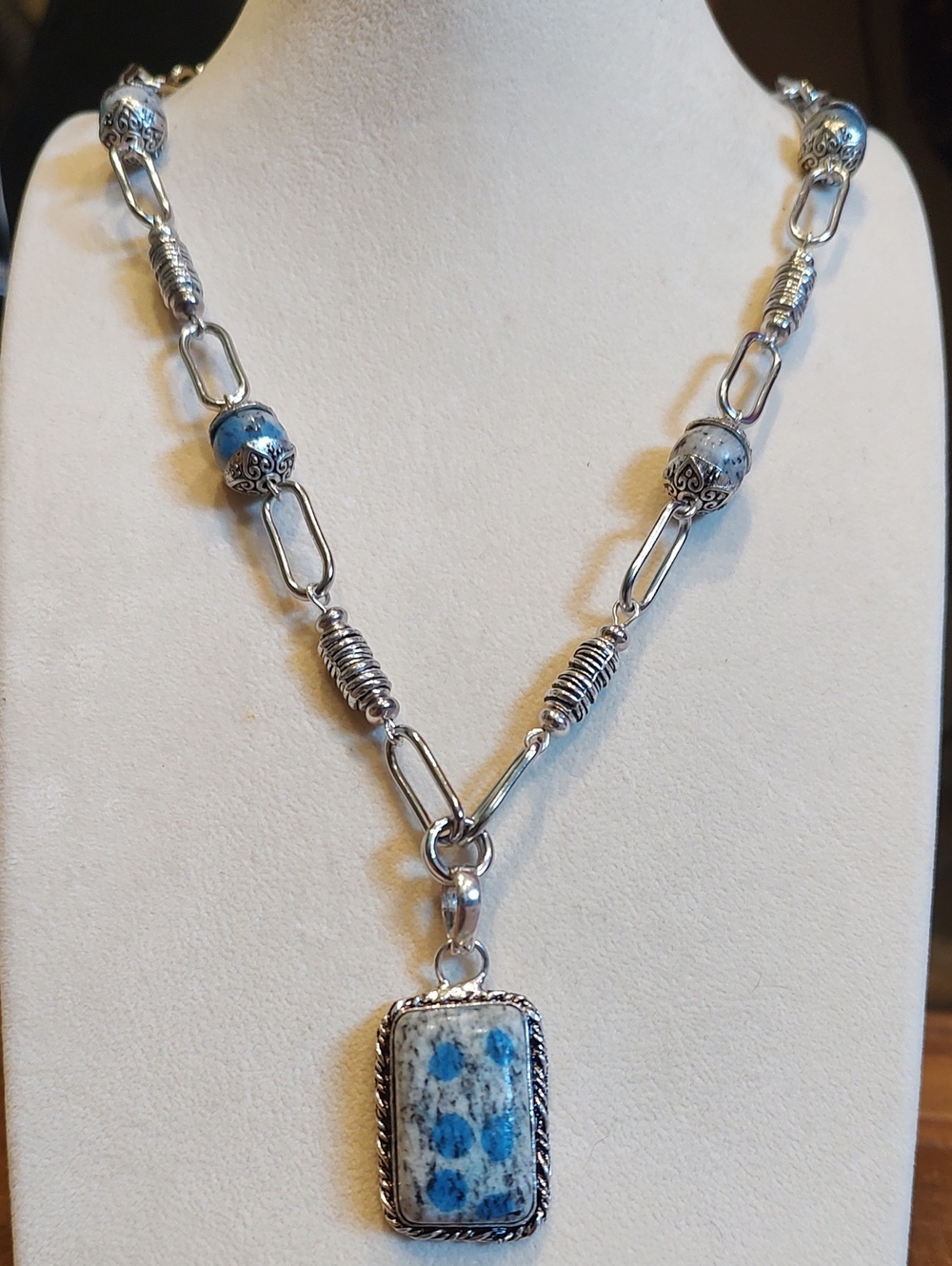 K2 Azurite Pendant Necklace With Paperclip Beaded Chain K2 Beads 19 Inches